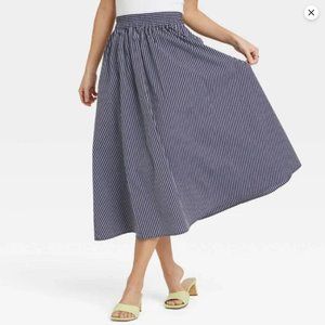 Target A New Day 100% Cotton Woven Striped Midi Skirt Navy Grey XL w Pockets